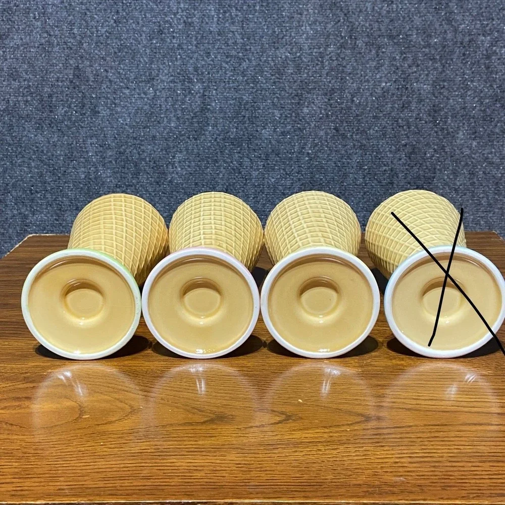 Vintage Set of 3 Ceramic Waffle‎ Cone Ice Cream Cups Dessert Dishes Pastel Japan